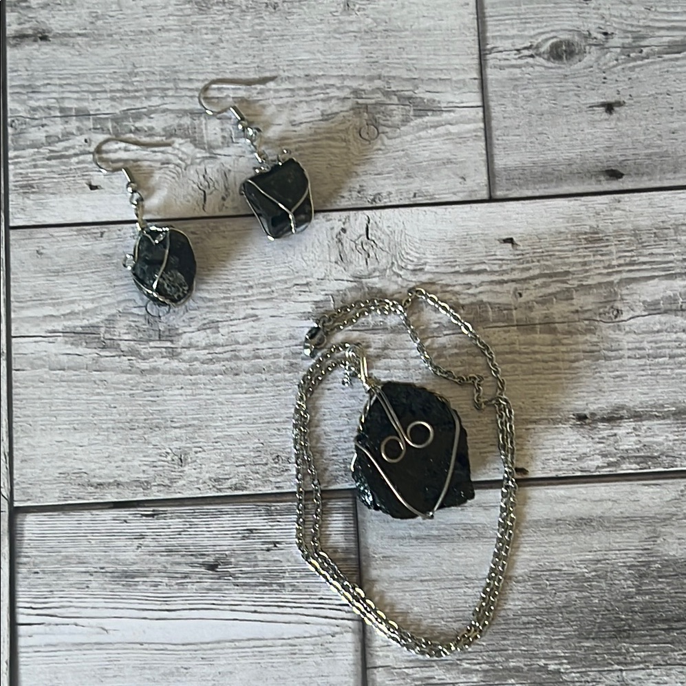 Silver Wire-Wrapped Raw Black Tourmaline Jewelry Set